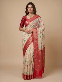 Dress & Dazzle - Cream Banarsi Saree with Unstitched Blouse