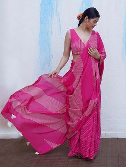 Chidiyaa - Butterfly Girls Koyal Pink Handblock Print Saree with Unstitched Blouse