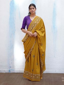 Chidiyaa - Butterfly Girls Manchali Mustard Handblock Saree with Unstitched Blouse