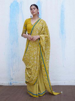 Chidiyaa - Butterfly Girls Pakhi Mustard Handblock Print Saree with Unstitched Blouse