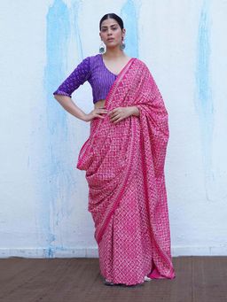 Chidiyaa - Butterfly Girls Phulpari Pink Handblock Print Saree with Unstitched Blouse