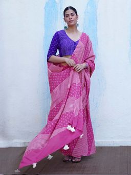 Chidiyaa - Butterfly Girls Patang Pink Handblock Print Saree with Unstitched Blouse