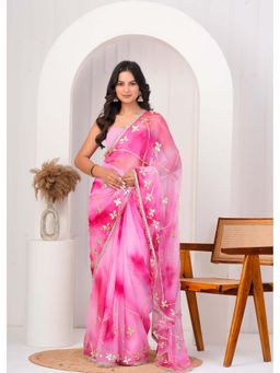 Geroo Luxe - Pink Shaded Gota Patti Jaal Work Georgette Saree With Unstitched Blouse