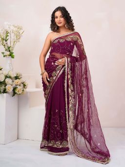 Geroo Luxe - Wine Aari And Sequins Work Georgette Saree With Unstitched Blouse
