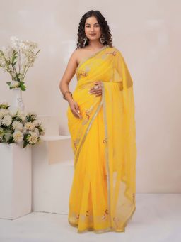 Geroo Luxe - Yellow Aari Work Georgette Saree With Unstitched Blouse