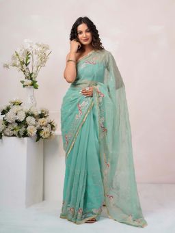 Geroo Luxe - Turquoise Aari Work Georgette Saree With Unstitched Blouse