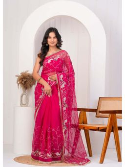 Geroo Luxe - Magenta Aari Work Georgette Saree With Unstitched Blouse
