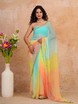 Geroo Luxe - Multi-Color Shaded Sequins Work Saree With Unstitched Blouse