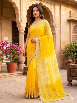 Geroo Luxe - Yellow Shaded Gota Patti Work Chiffon Saree With Unstitched Blouse