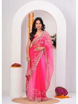 Geroo Luxe - Pink Shaded Gota Patti Work Chiffon Saree With Unstitched Blouse