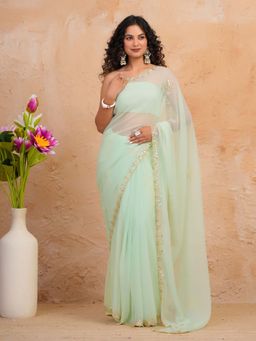 Geroo Luxe - Light Green Gota Patti Saree With Unstitched Blouse