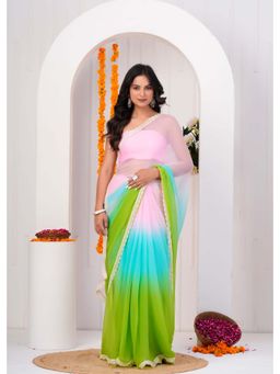 Geroo Luxe - Multi-Color Lace Border Chiffon Saree With Unstitched Blouse