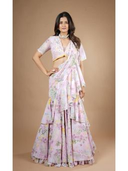 Vana Ethnics - Pink Viscose Printed Ruffled Lehenga Saree with Stitched Blouse