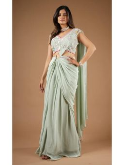 Vana Ethnics - Pistachio Green Viscose Saree with Stitched Blouse
