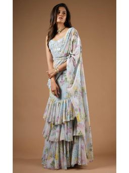 Vana Ethnics - Blue Viscose Printed Ruffled Saree with Stitched Blouse