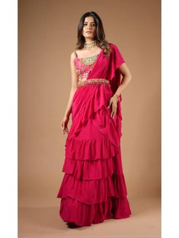Vana Ethnics - Ruby Pink Viscose Ruffled Saree with Stitched Blouse