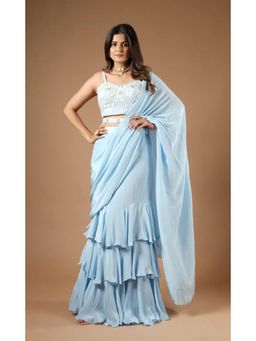 Vana Ethnics - Powder Blue Viscose Ruffled Saree with Stitched Blouse