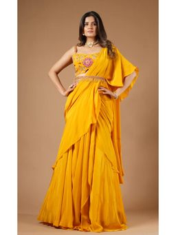 Vana Ethnics - Mustard Yellow Viscose Ruffled Saree with Stitched Blouse