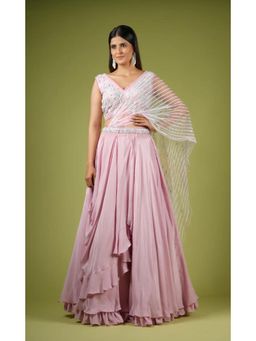 Vana Ethnics - Onion Pink Viscose Ruffled Choli And Lehenga With Belt