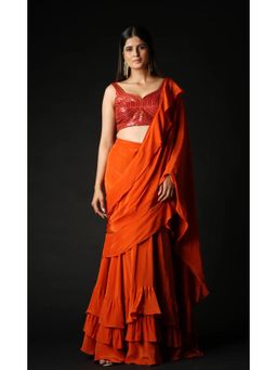 Vana Ethnics - Rust Viscose Ruffled Saree with Stitched Blouse