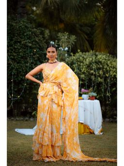 Vana Ethnics - Yellow Viscose Bloom Print Pre-Draped Ruffle Saree with Stitched Blouse