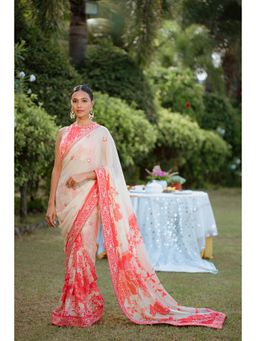 Vana Ethnics - Off White Digital Printed and Embroidered Saree with Stitched Blouse