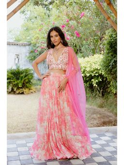 Vana Ethnics - Pink Digital Printed Kalidar Choli And Lehenga With Dupatta