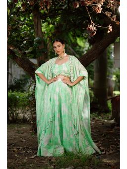 Vana Ethnics - Green Digital Printed And Embroidered Choli Lehnga And Jacket