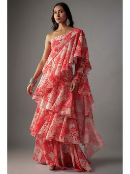Vana Ethnics - Pink Georgette Digital Printed Pre-Draped Saree with Stitched Blouse