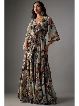 Vana Ethnics - Ash Grey Georgette Digital Printed Choli And Lehenga