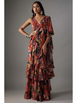 Vana Ethnics - Rust Georgette Digital Printed Pre-Draped Saree with Stitched Blouse