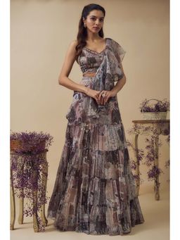Vana Ethnics - Beige Lurex Chiffon Digital Printed Draped Choli And Lehenga