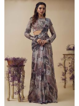 Vana Ethnics - Lurex Chiffon Digital Printed Ready-To-Wear Saree with Stitched Blouse