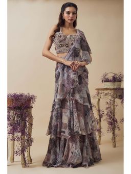 Vana Ethnics - Lurex Digital Printed Ready-To-Wear Ruffled Saree with Stitched Blouse