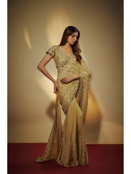 Vana Ethnics - Gold Chinon Chiffon Sequins Pre-Draped Saree with Stitched Blouse