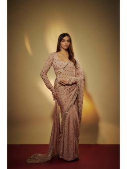 Vana Ethnics - Mauve Chinon Sequins Pre-Draped Saree with Stitched Blouse
