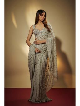 Vana Ethnics - Copper Chinon Chiffon Mirror Embroidered Saree with Stitched Blouse