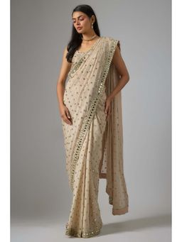 Vana Ethnics - Latte Shade Viscose Chinon Mirror Work Saree with Stitched Blouse