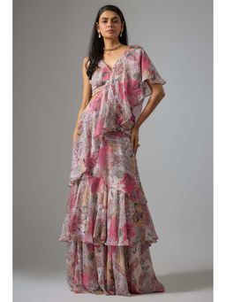 Vana Ethnics - Lurex Chiffon Printed Pre-Draped Ruffled Saree with Stitched Blouse