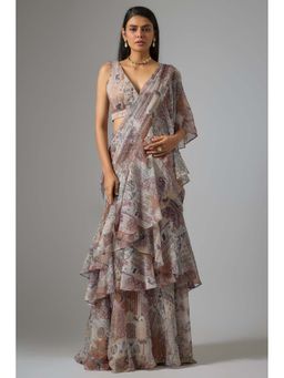 Vana Ethnics - Lurex Chiffon Printed Pre-Draped Ruffled Saree with Stitched Blouse