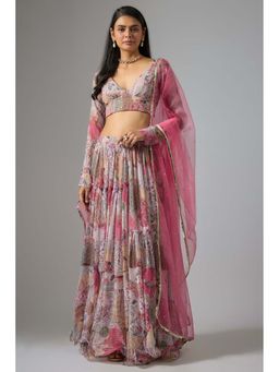 Vana Ethnics - Pink Chiffon Printed Choli And Lehenga With Dupatta