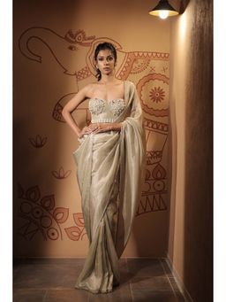 Vana Ethnics - Green Tissue Pearl Solid Saree with Stitched Blouse