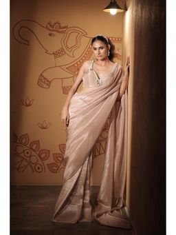 Vana Ethnics - Pink Tissue Pearl Solid Saree with Stitched Blouse