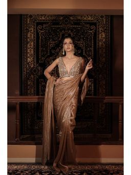 Vana Ethnics - Brown Tissue Solid Saree with Stitched Blouse