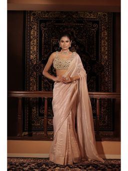 Vana Ethnics - Blush Pink Tissue Solid Saree with Stitched Blouse