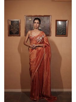 Vana Ethnics - Rust Tissue Floral Embellished Saree with Stitched Blouse