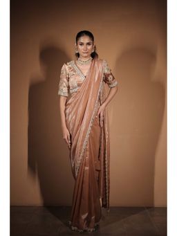 Vana Ethnics - Rose Gold Tissue and Silk Zardosi Embroidered Saree with Stitched Blouse