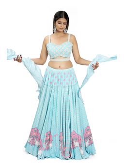 Vana Ethnics - Sky Blue Embroidered And Printed Choli And Lehenga With Dupatta
