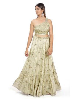 Vana Ethnics - Pastel Green Floral Printed Choli And Lehenga With Belt