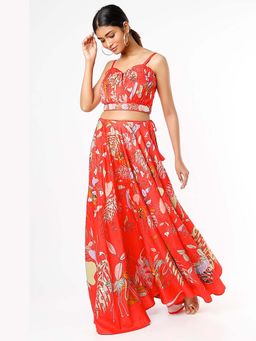 Vana Ethnics - Red Floral Printed Choli And Lehenga